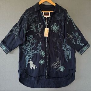 Johnny Was Biya Monica Tunic Embroidered Navy Button Front Top Size S NWT